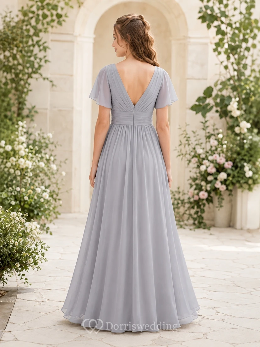 Vestido de dama de honor juvenil gris acero, corte en A, escote en V, manga corta, fruncido, elegante. view 2