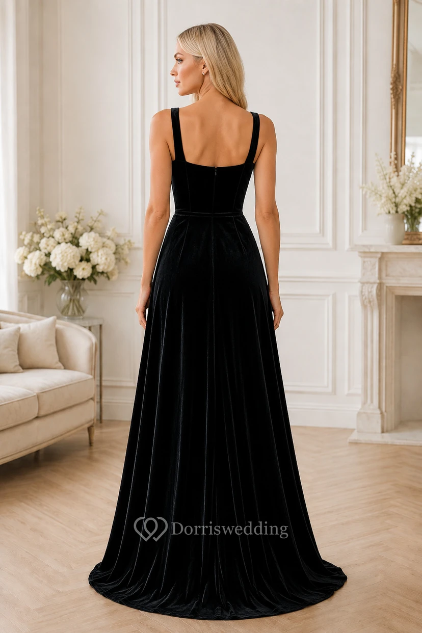 Plus Size Black Velvet Square Neck A-Line Formal Dress with Straps view 2