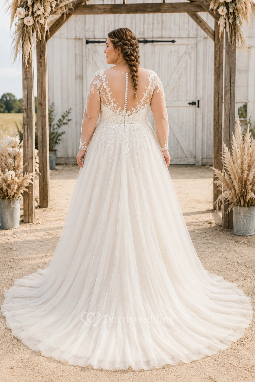 Plus Size Cap Sleeve Lace A-Line Wedding Dress with Long Tulle Train view 2