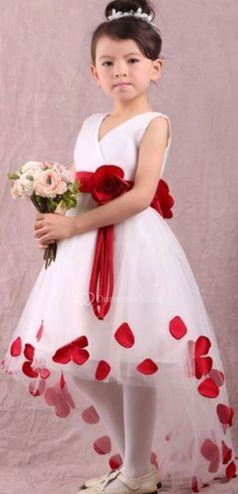 Lovely White and Red Hi-Lo Flower Girl Dress Waistband Flowers view 2