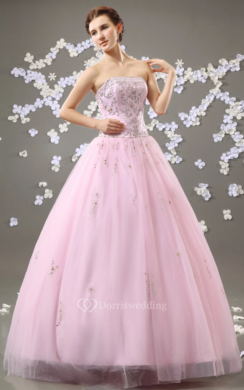 Zartrosa, trägerloses A-Linien-Ballkleid mit Perlenstickerei und Tüllüberzug view 4