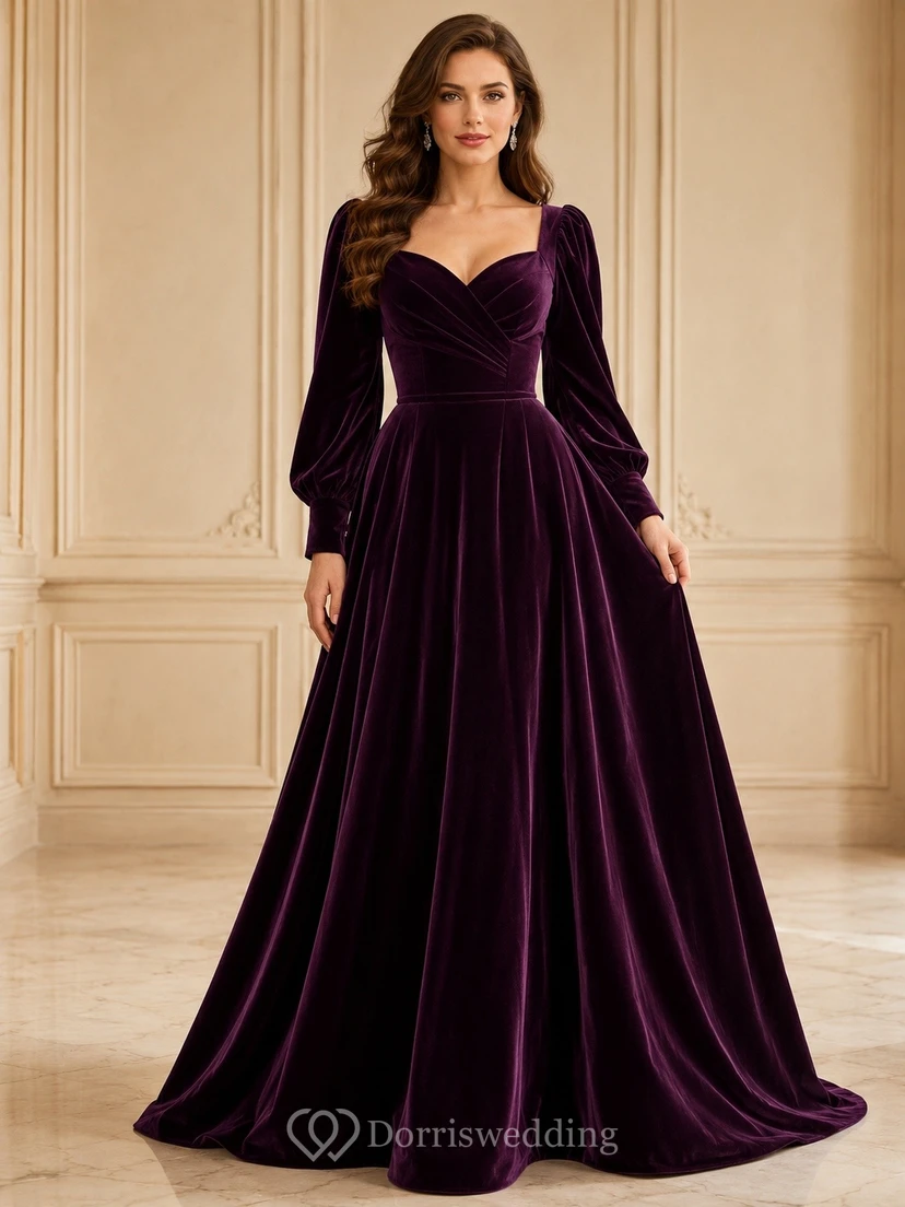 Luxury Plum Velvet Ball Gown Floor-Length Sweetheart Long Sleeve Evening Dress