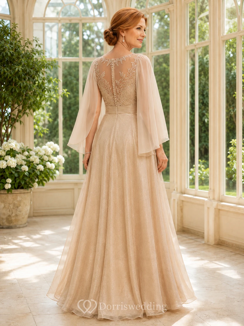 Champagne Luxury High-Neck Tulle A-Line Floor-Length Mother of the Bride Gown with Long Cape Sleeves and Beaded Bodice view 2