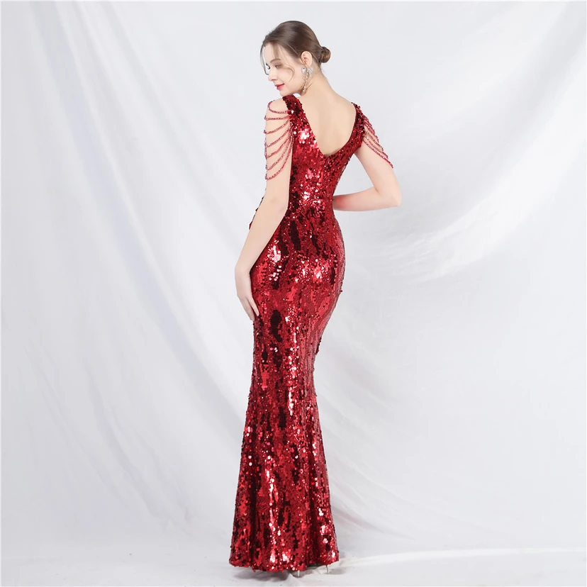 Vestido de noche largo con lentejuelas y abalorios view 51
