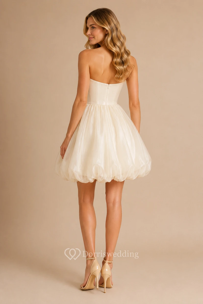 Cocktailkleid, elfenbeinfarbenes Tüllkleid, A-Linie, trägerlos, Minikleid für besondere Anlässe view 2