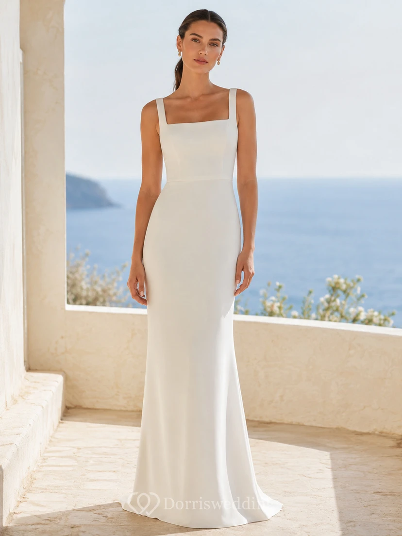 Vestido de novia de gasa para playa, corte en A, escote en V, sin mangas, cola larga con abertura, espalda baja en V.