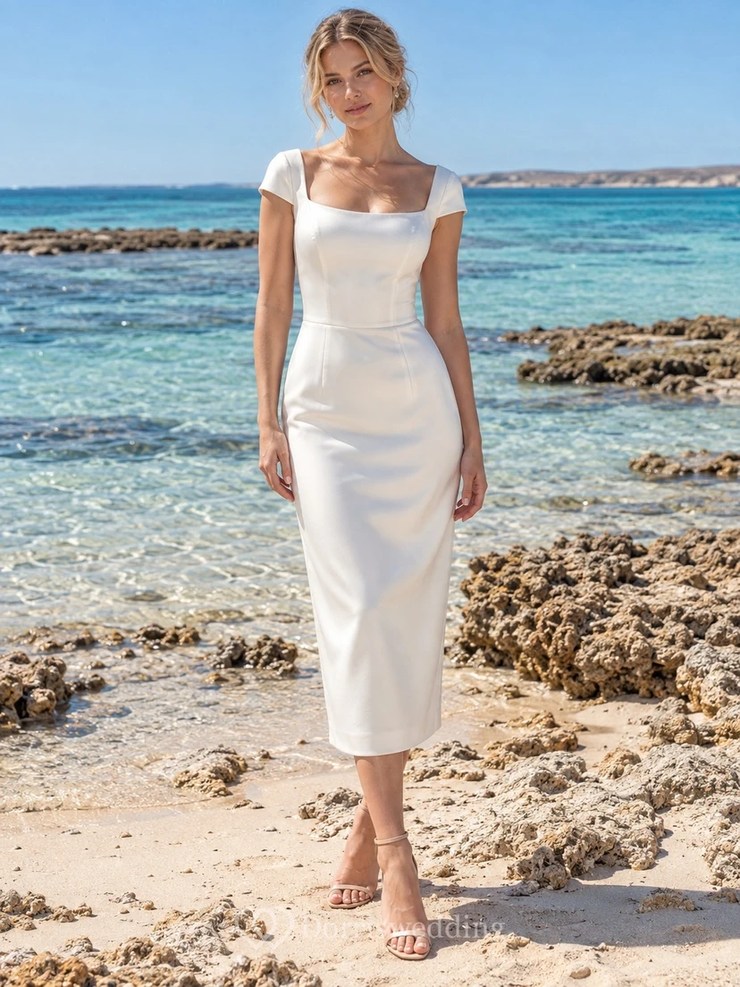 Schlichtes, teelanges Brautkleid aus Satin mit eckigem Ausschnitt und kurzen Ärmeln