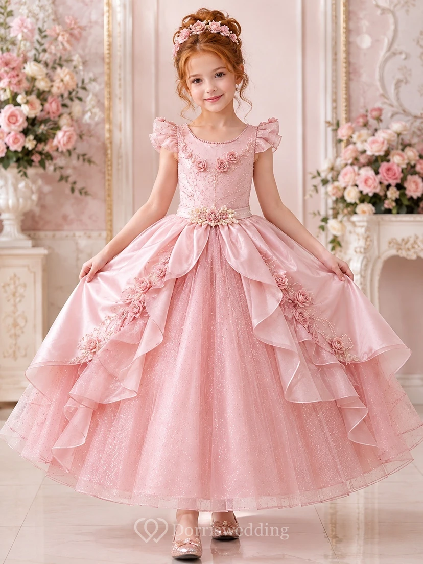 Adorable Blush Cap Sleeve Cascading Ruffle Tulle Ball Gown Ankle-Length Flowergirl Dress