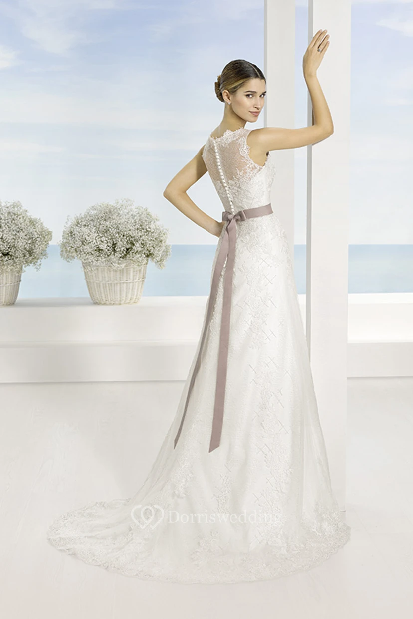 A-Line Sleeveless Appliqued Bateau Floor-Length Lace Wedding Dress With Bow And Illusion Back view 2