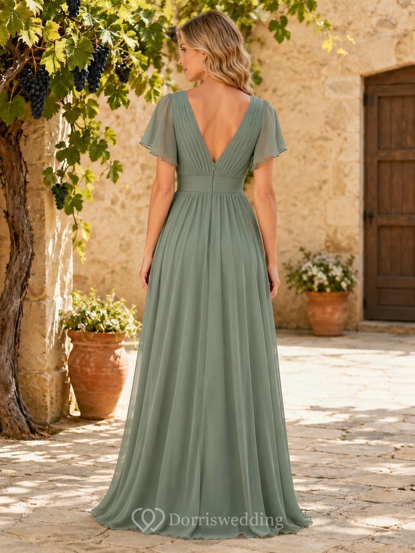 Sage Chiffon A-Line V-Neck Flutter Sleeve Pleated Low Back Floor-Length Bridesmaid Dress view 2
