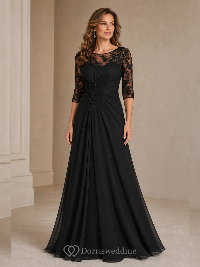 Half-Sleeved A-Line Long Mother Of The Bride Dress With Keyhole Back And Appliques video preview