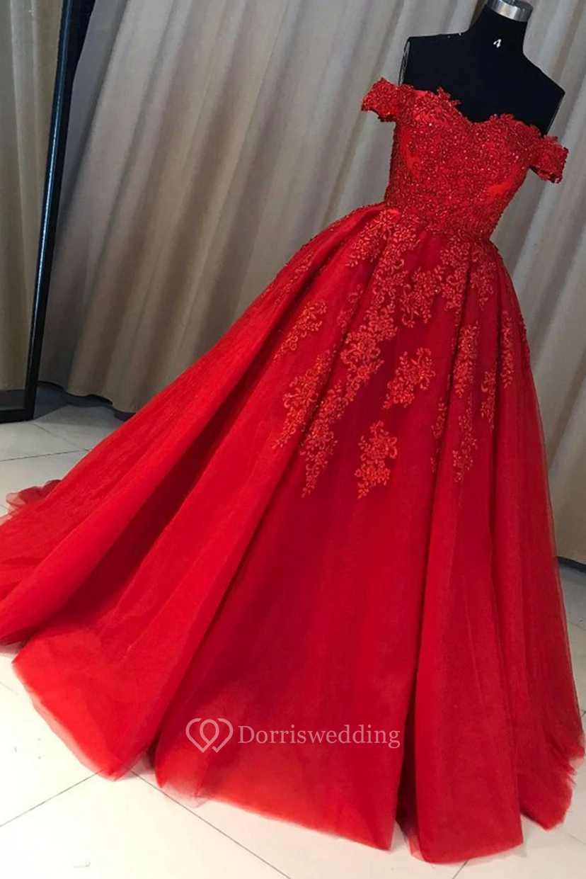 Ball Gown Lace Tulle Off-the-shoulder Short Sleeve Zipper Dress view 3
