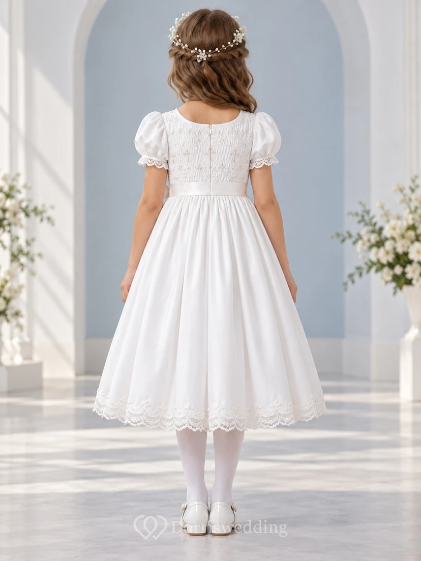 Tea-length White Cross Smocked Puff Sleeve Bow First Communion Dress view 2