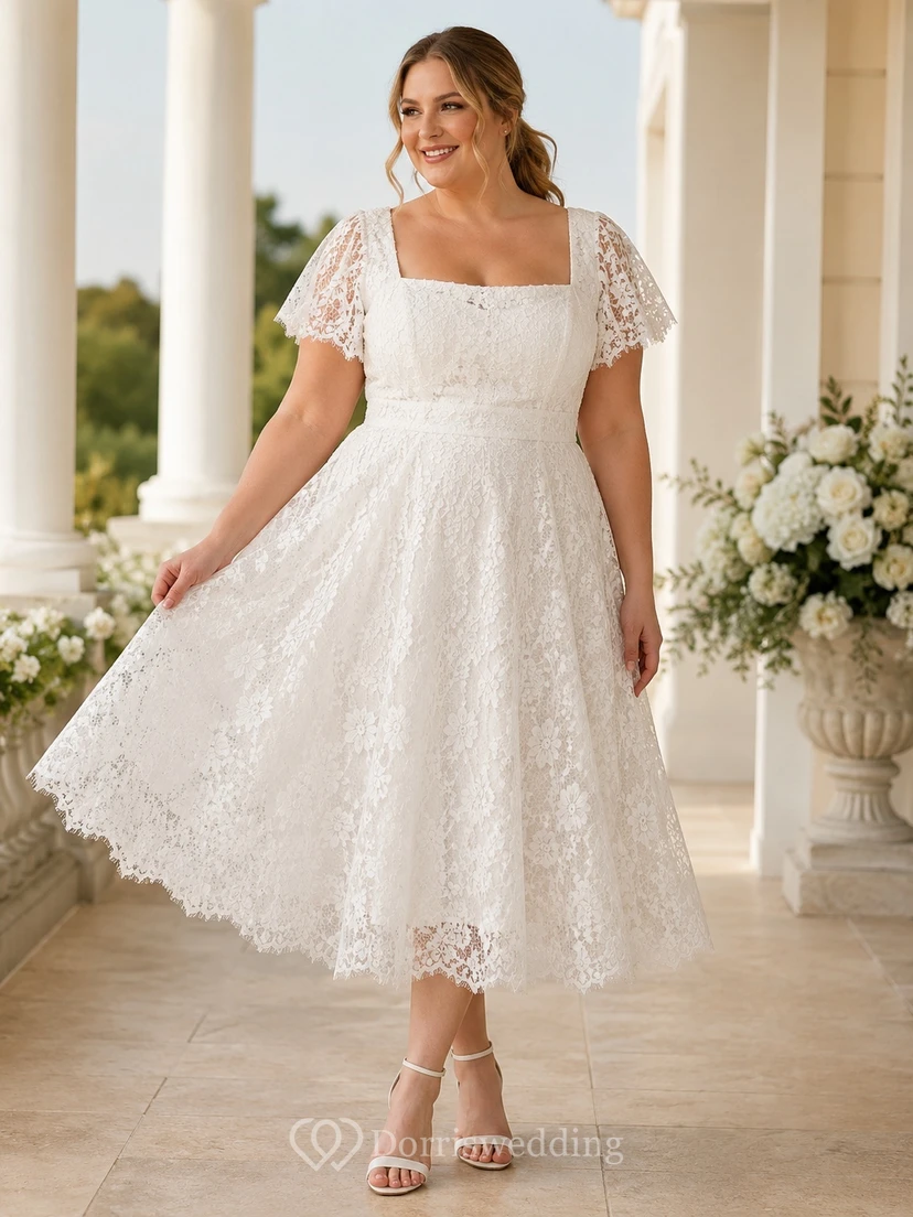 Romantisches Brautkleid in Übergröße mit Spitze, eckigem Ausschnitt, kurzen Ärmeln, A-Linien-Schnitt und Teelänge