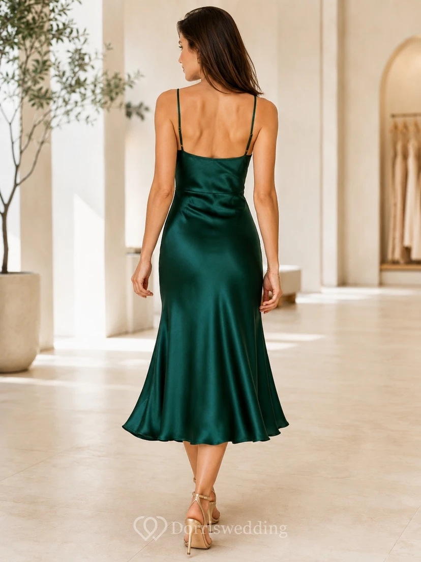 Robe de cocktail simple vert foncé à bretelles spaghetti et col châle en satin, longueur thé view 2