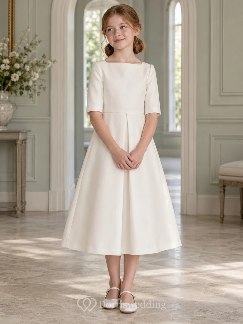 Modest Simple Square Neck Ivory Tea-length Elbow Sleeve Deep Flat Pleat Flower Girl Dress view 2