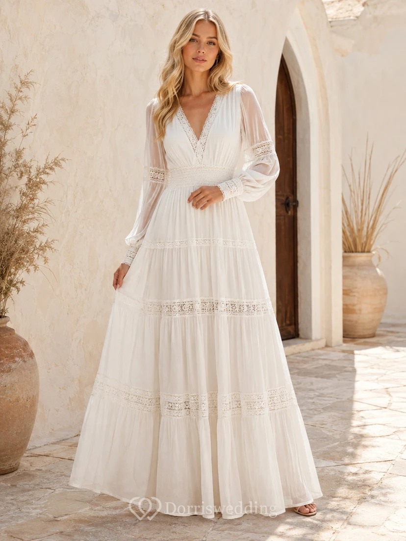 Romantic Bohemian Chiffon Lace V-Neck Long Sleeve A-Line Floor-Length Wedding Dress