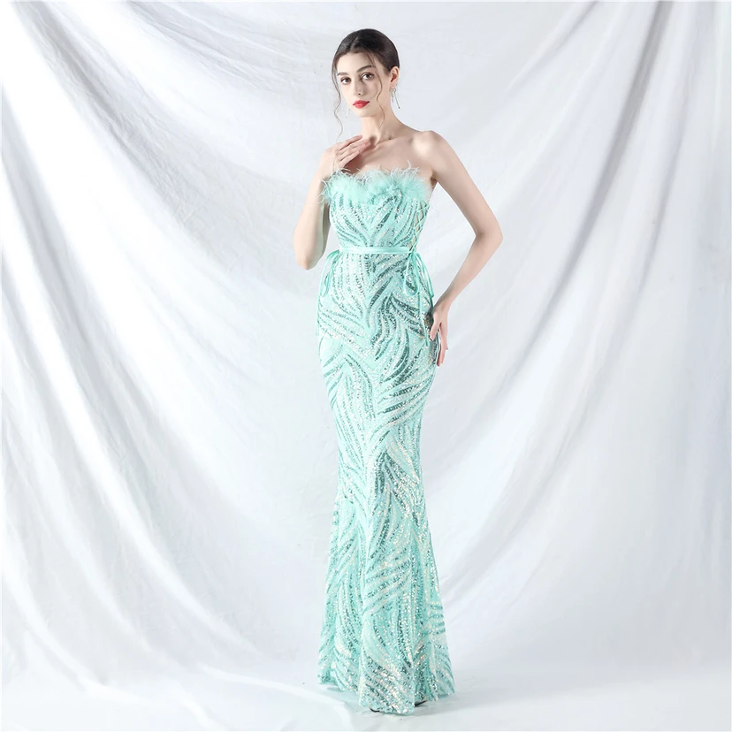 Double-Binding Rope-Binding Craft-Made Ostrich Feather Encrypted Laminated Beads High-End Evening Dress view 2