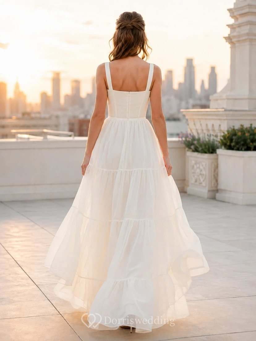 Simple Square Neck Strap Tiered Chiffon A-Line Floor-Length Civil Elopement Wedding Dress view 2