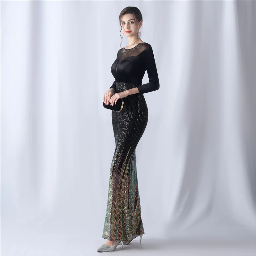 Long-Sleeved Fishtail Evening Dress High-End Atmosphere Elegant Banquet Temperament Velvet Aura Queen view 31