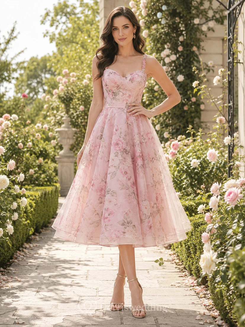 Robe de jardin à bretelles spaghetti en organza rose à fleurs, coupe trapèze, style garden-party