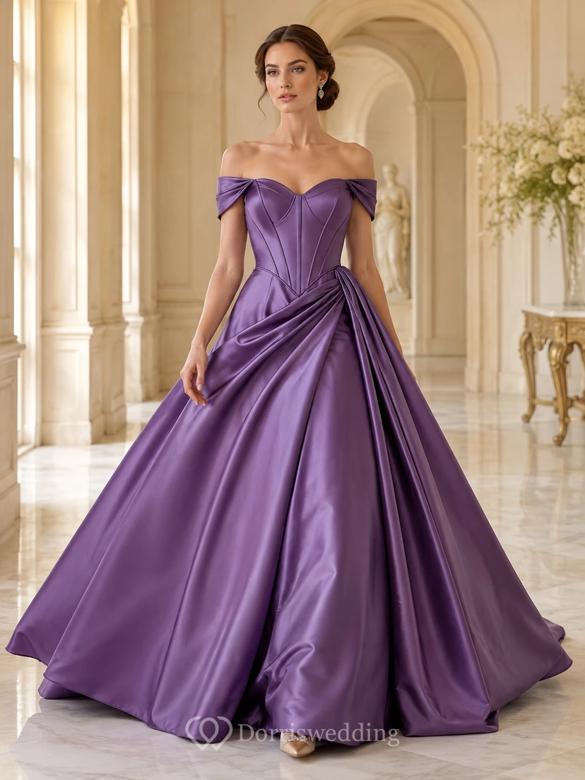 Robe de mariée de bal en satin à épaules dénudées, lacée et traîne courte, couleur raisin