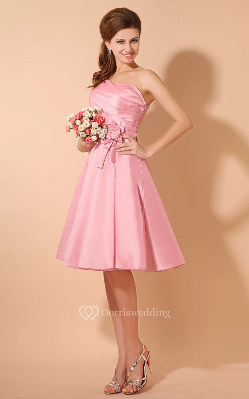 Taffeta Strapless Short Dress With Ruching Top and Flower view 2