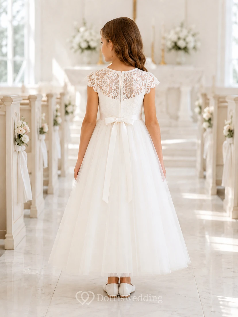 Vestido de niña de las flores, corte A, blanco, para Primera Comunión, encaje, tul, lazo, formal. view 2