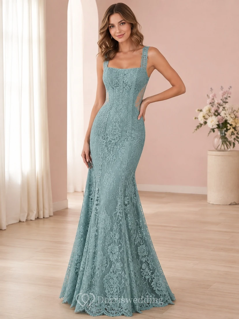 Hellblaues, schlichtes Meerjungfrauen-Brautkleid mit eckigem Ausschnitt, Trägern und Spitze, bodenlang