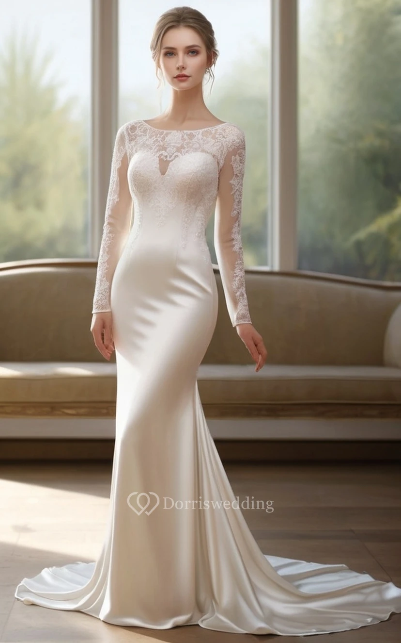 Elegantes Brautkleid aus Satin mit Rundhalsausschnitt, langen Ärmeln und Illusion-Effekt, aus Spitze