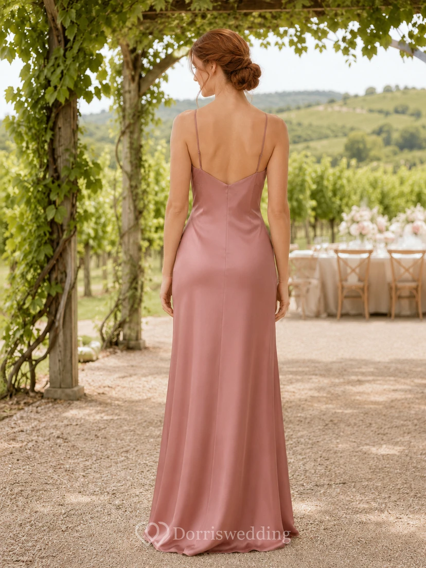 Dusty rose V neck satin floor length bridesmaid slip dress view 2
