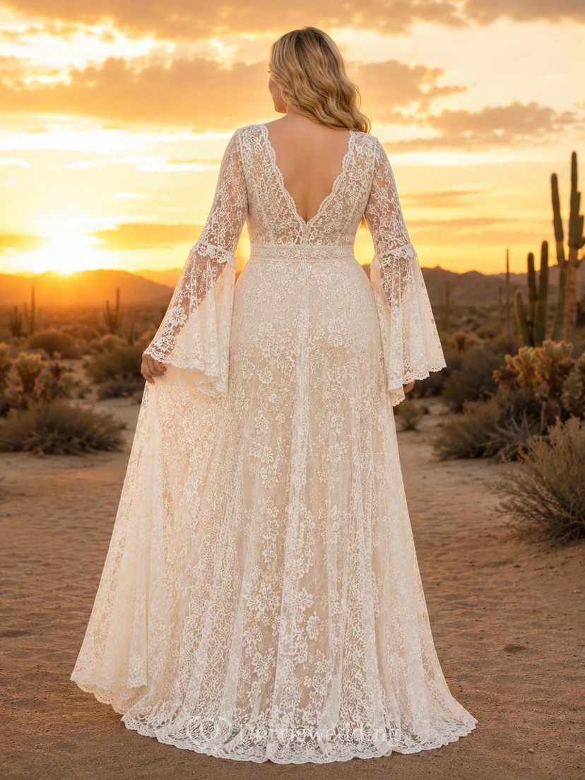 Plus Size Bell Sleeve Boho Lace Desert Wedding Dress view 2