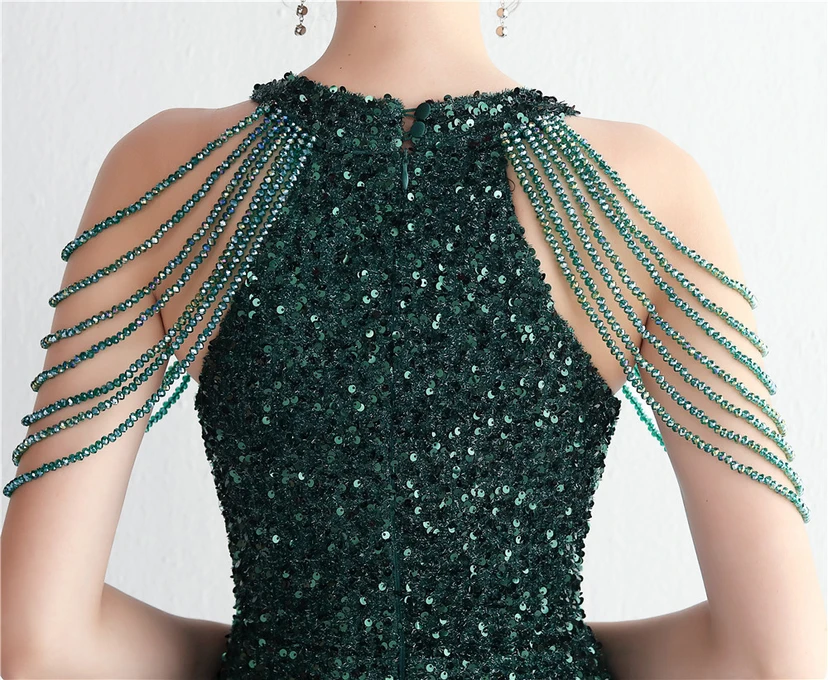 Heavy-Duty Glass Bead Craft Beaded Banquet Evening Dress Temperament Elegant Long Halter Neck Slit Sequins view 27