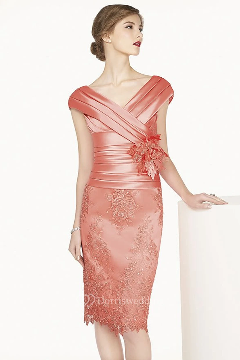 Satin V Neck Cap Sleeve Sheath Knee Length Lace Dress With Flower Shown In Blush