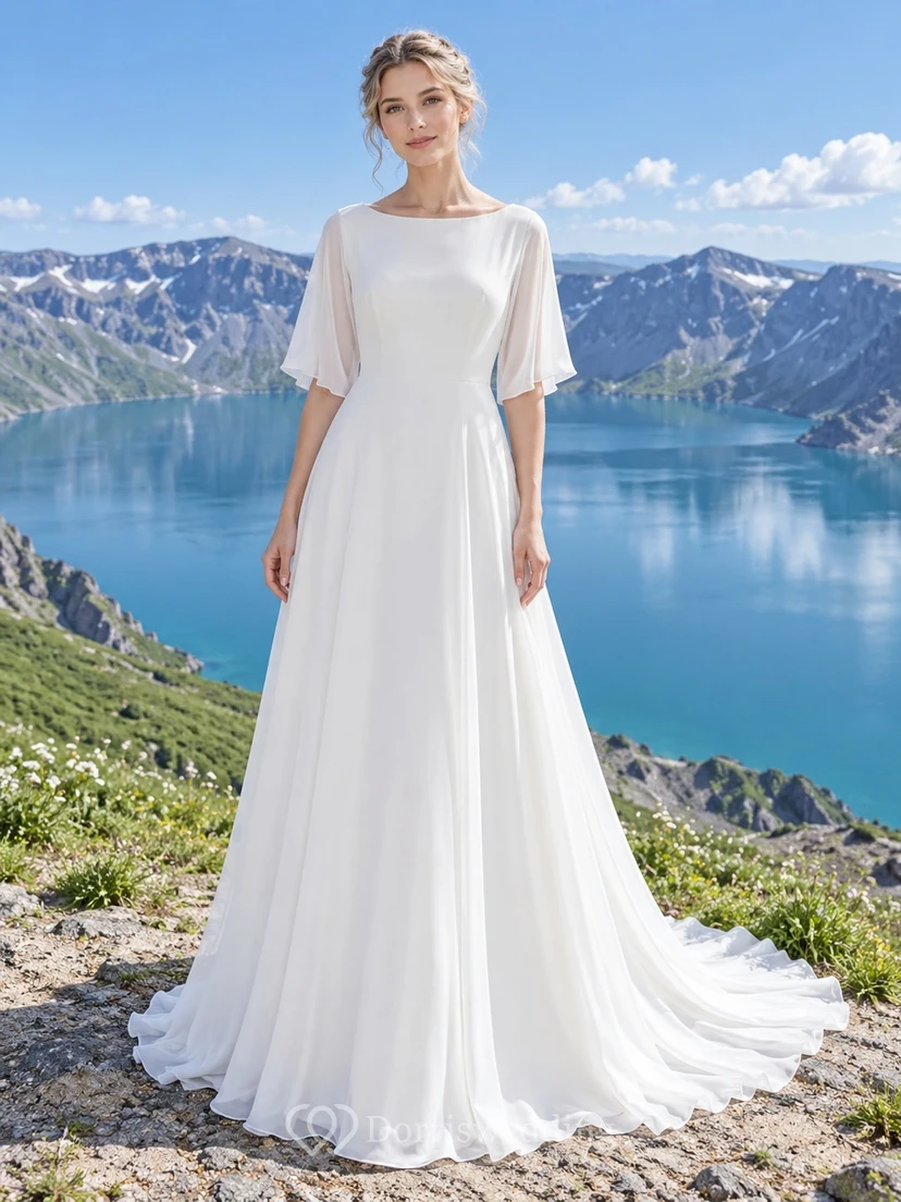 Vestido de novia sencillo y modesto de gasa con escote barco y mangas cortas, corte en A