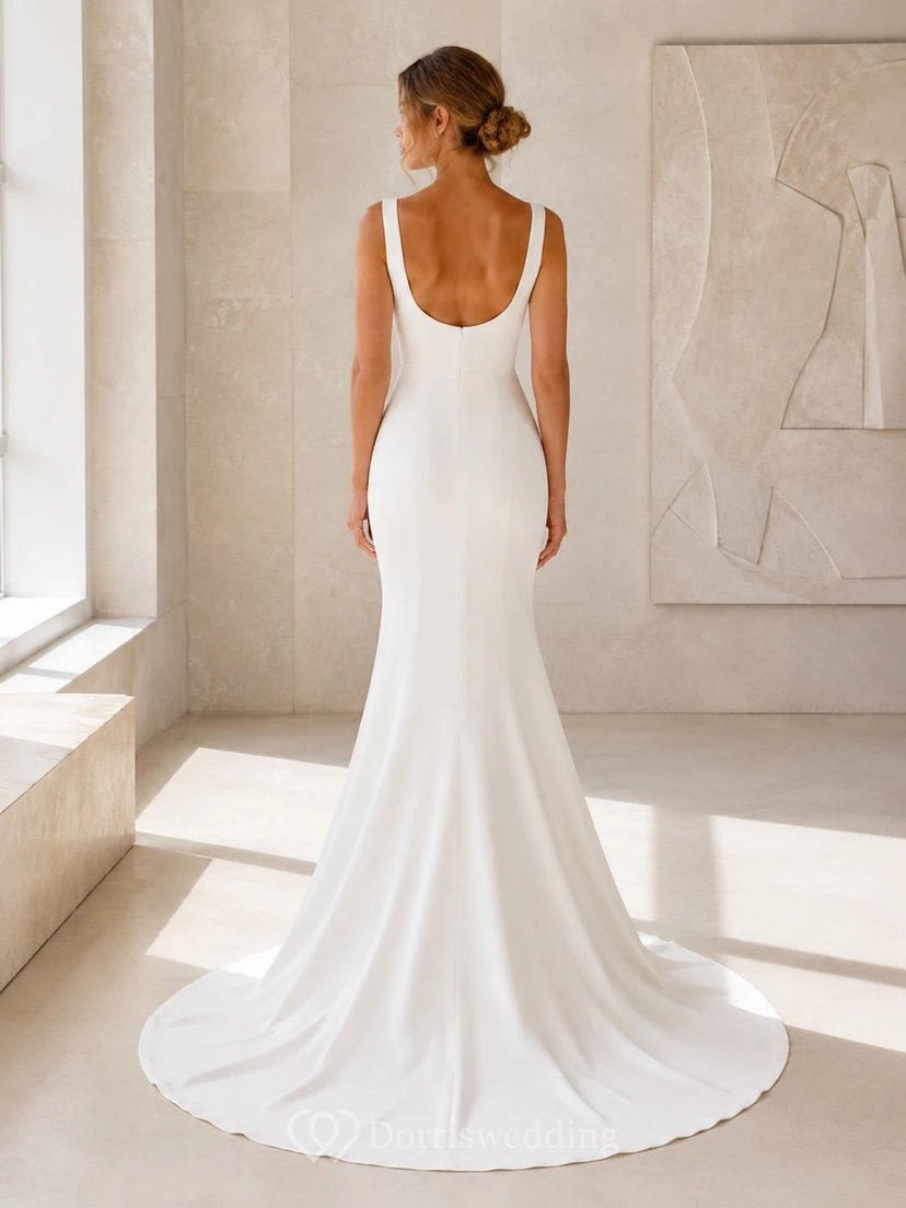 Minimalist Stretch Satin Wedding Dress Mermaid Square Neck Sleeveless Sweep Train Bridal Gown view 2