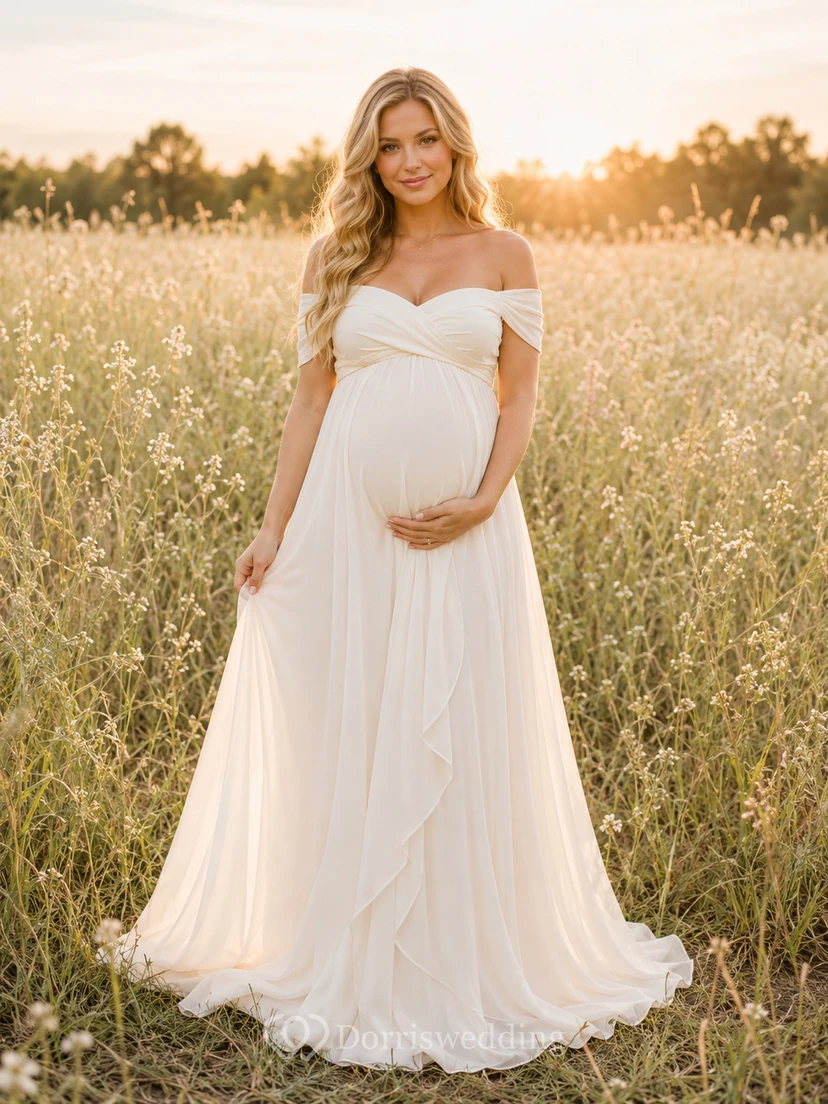 Off shoulder empire chiffon maternity meadow maxi photo dress