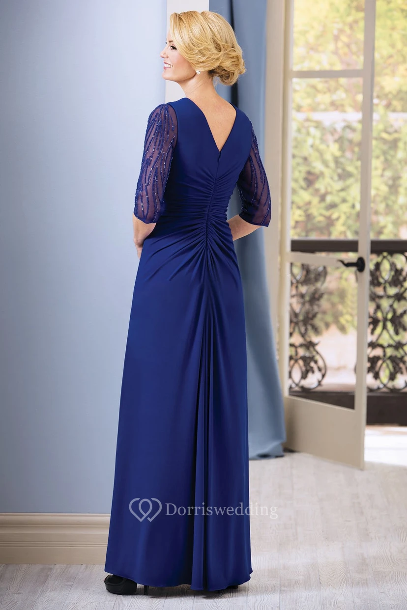 Half-Sleeved V-Neck Long Gown With Beadings And Pleats view 2