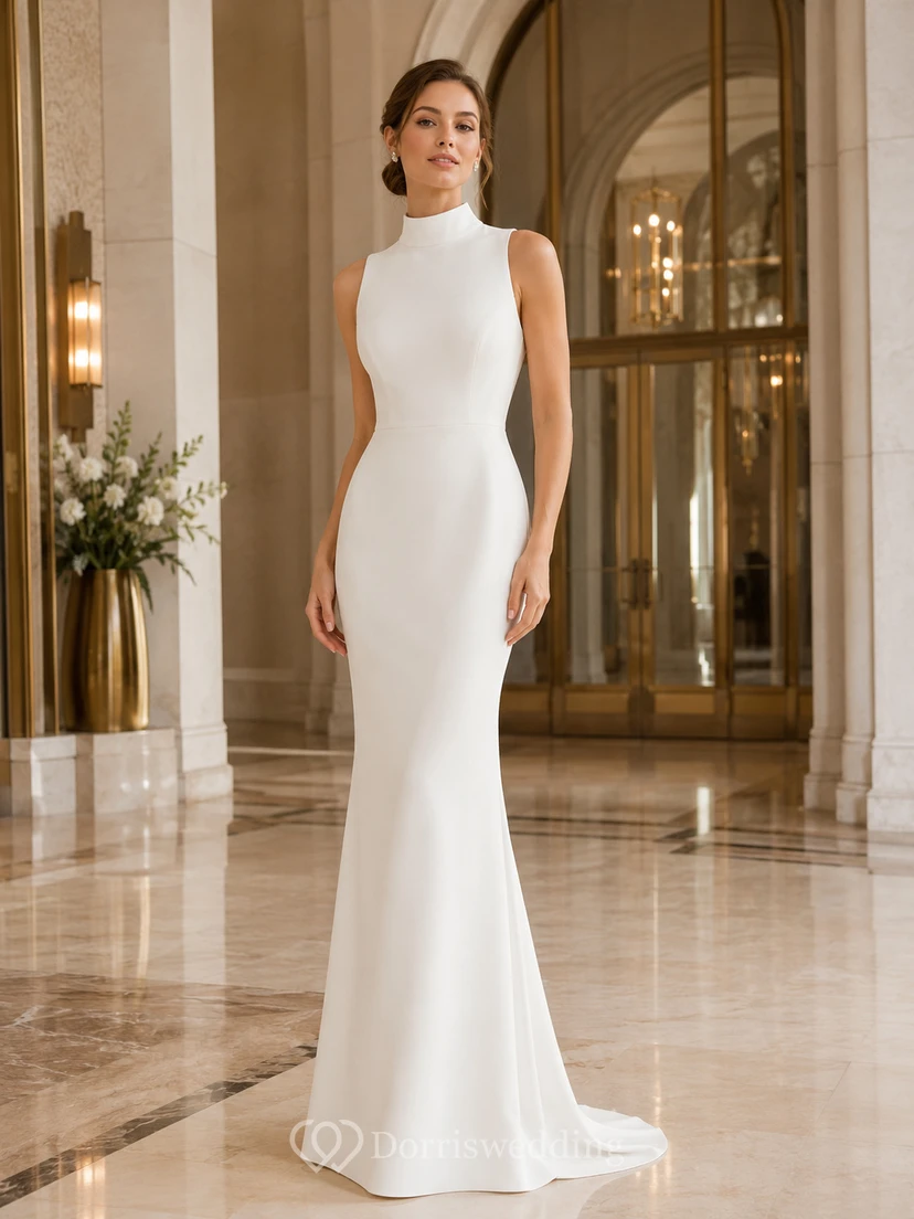 Vestido de novia de crepé de cuello alto y espalda descubierta para salón de baile