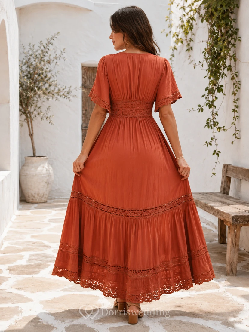 Terrakottafarbenes, volkstümliches Papaya-farbenes A-Linien-Kleid mit V-Ausschnitt, halben Ärmeln und Chiffon im Bohemian-Stil, knöchellang view 2
