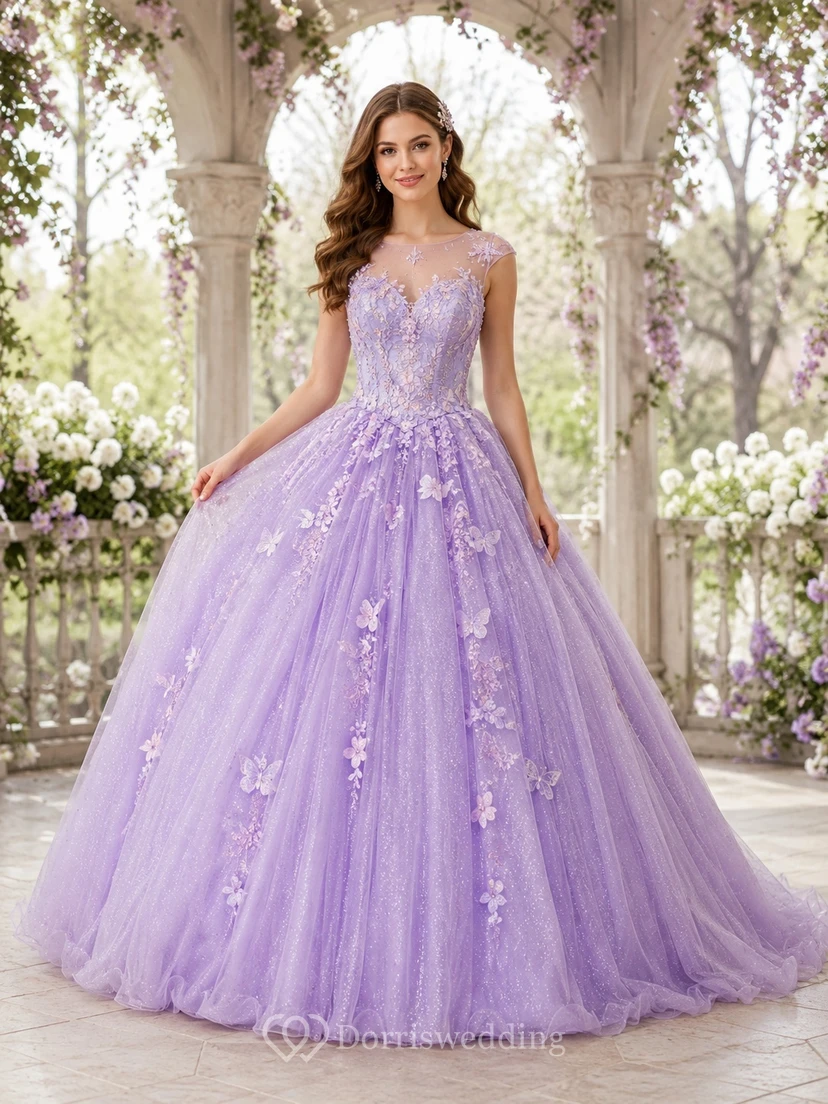 Lavendelfarbenes Tüll-Ballkleid mit herzförmigem Ausschnitt, Spaghettiträgern und floraler Stickerei, bodenlang, Quinceañera-Kleid