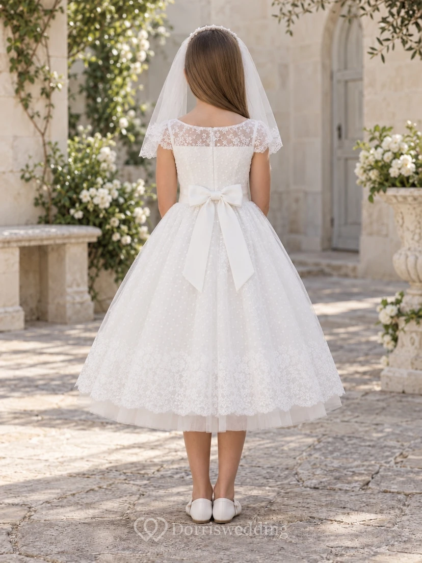 White Tea-length Bateau Cap Sleeve Lace Tulle First Communion Dress view 2