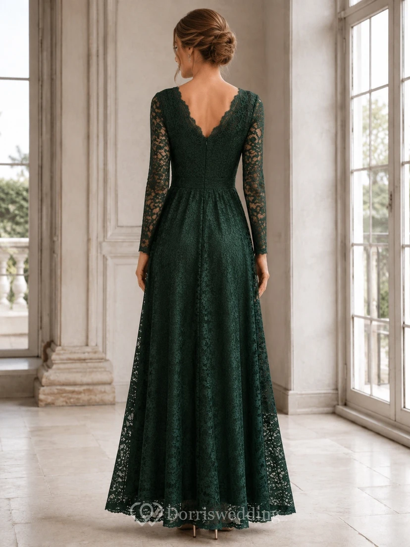 Dark Green V-Neck Lace Long Sleeve A-Line Formal Gown view 2