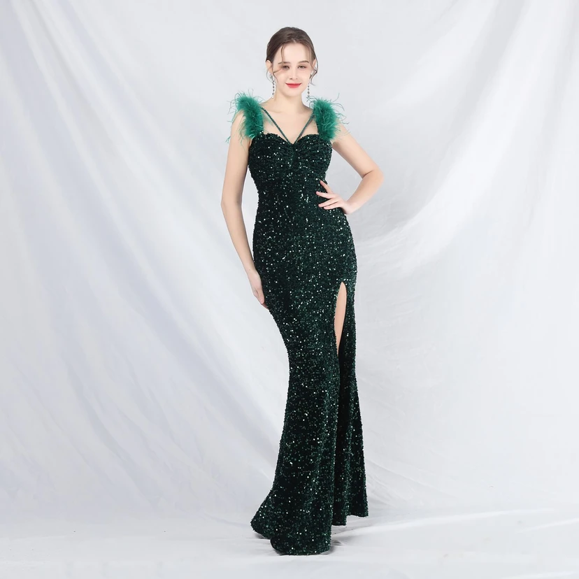 Craft Beaded Ostrich Feather Plush Sequined Long Evening Dress view 47