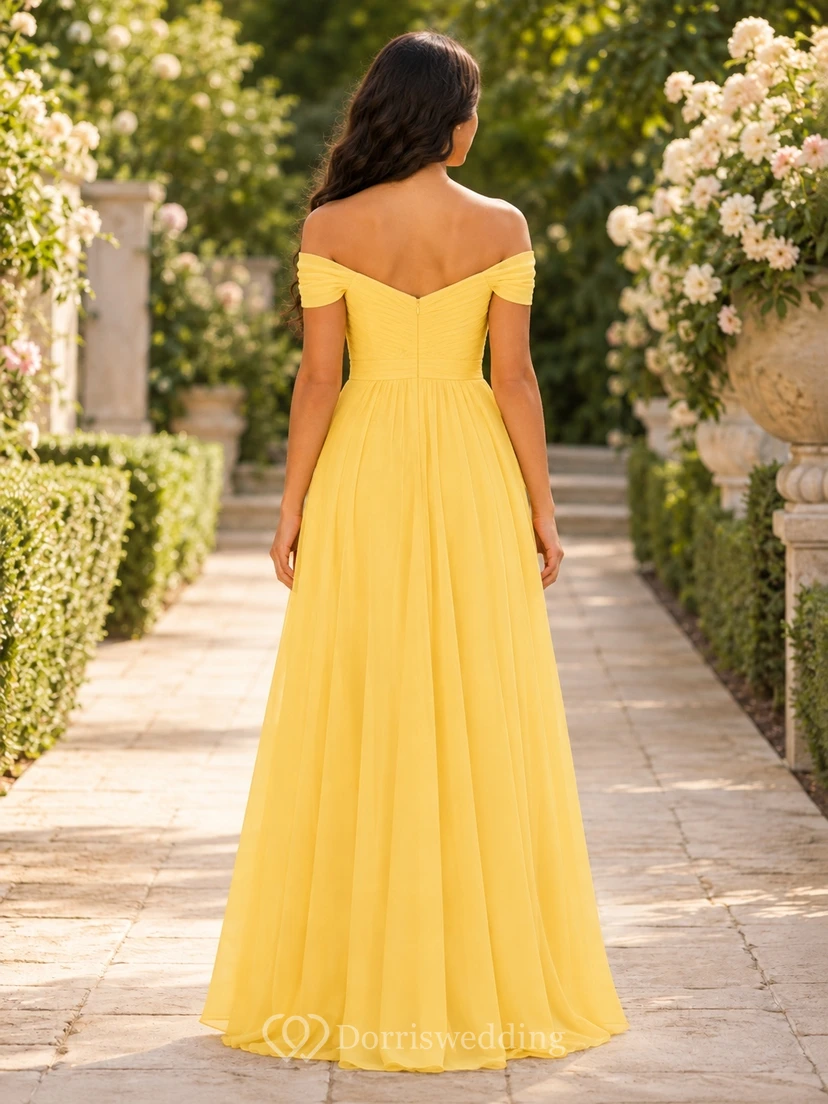 Vestido de dama de honor juvenil Daffodil, corte en A, hombros descubiertos, manga corta, drapeado, estilo romántico. view 2