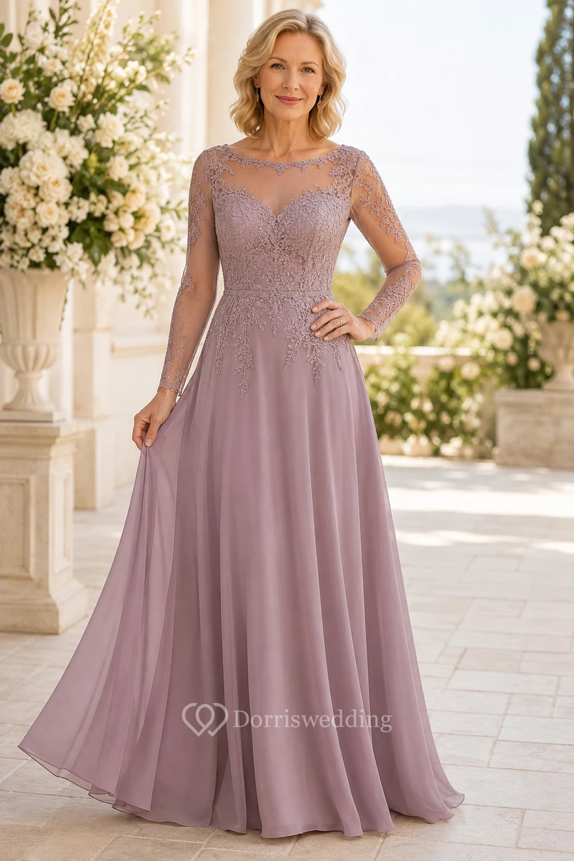 MOB-Kleid, mauvefarbener Chiffon-Spitzen-A-Linien-Kurzarm-Rundhalsausschnitt-Bodenlänge-Plissee