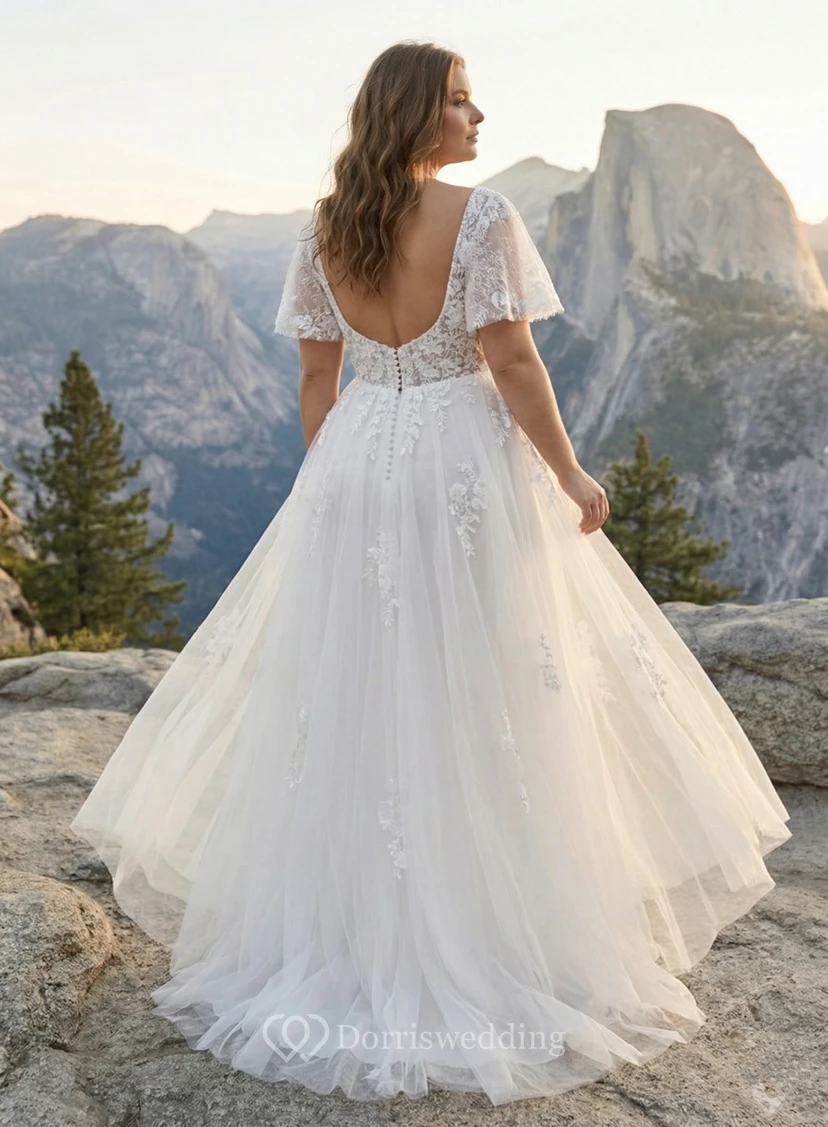 Plus Size Lace Cap Sleeve A-Line Wedding Dress with Illusion Bodice view 2