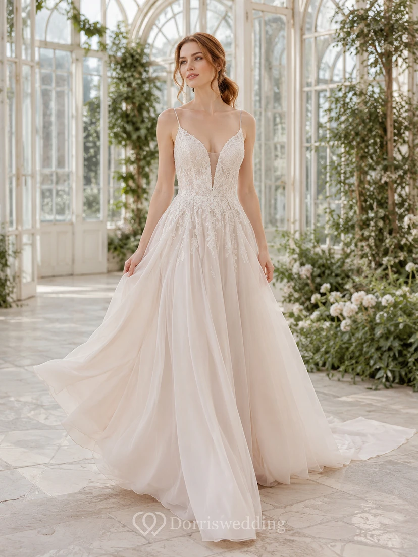 Polished Chiffon Lace Deep V Sleeveless A-Line Chapel Train Bodice Deep-V Back Wedding Dress