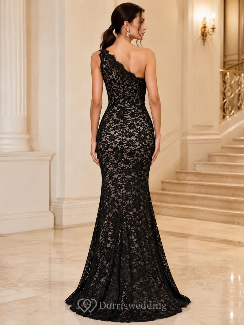Black One-Shoulder Lace Mermaid Sweep Train Sexy Luxury Evening Gown view 2