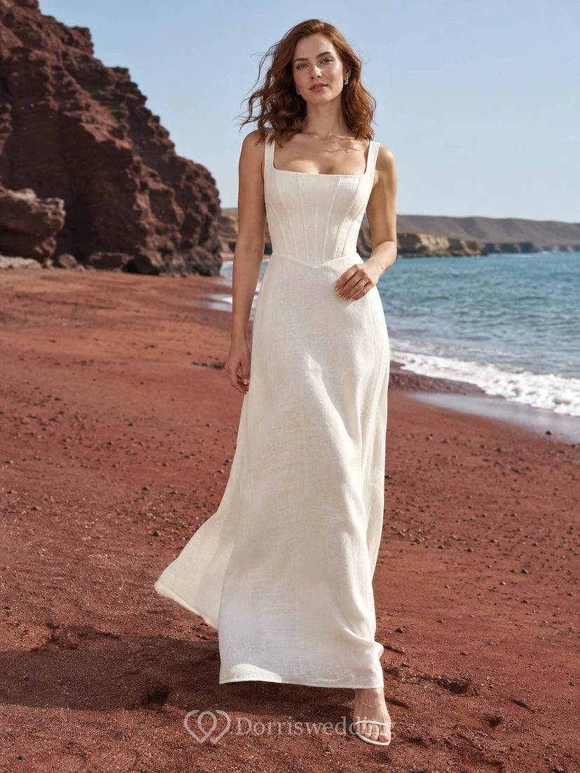 Vestido de novia de lino con escote cuadrado, tirantes, corpiño tipo corsé y falda ajustada.